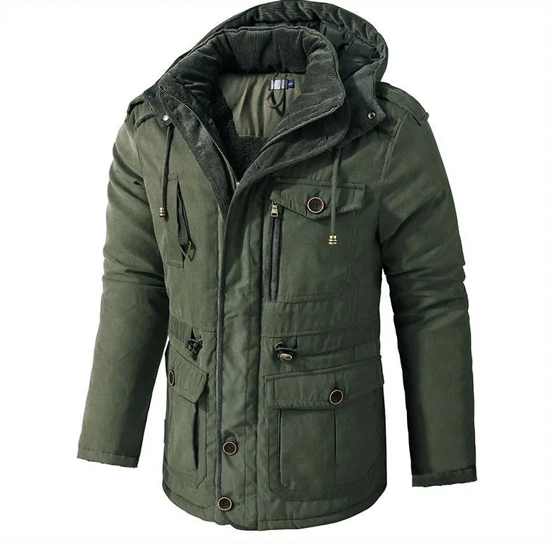 Gefütterte Herren-Winterjacke mit Kapuze und funktionalen Taschen