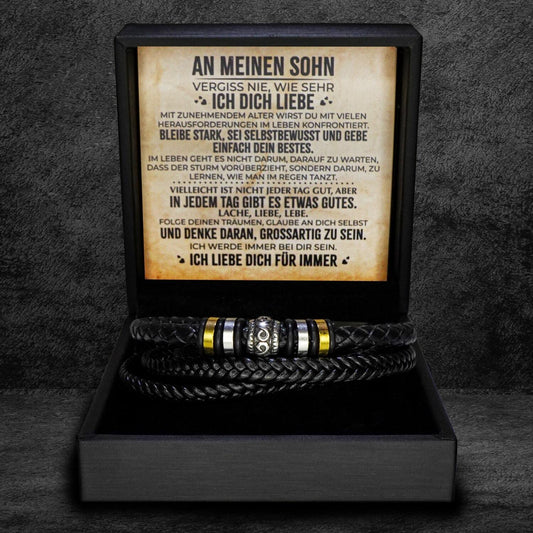 An meinen Sohn - Geflochtenes Edelstahl Lederarmband mit Notiz