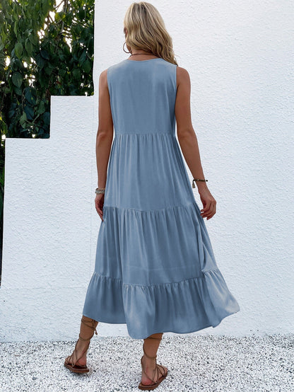 Sommerkleid Damen ärmellos mit Knopfleiste und Stufenrock luftig bequem