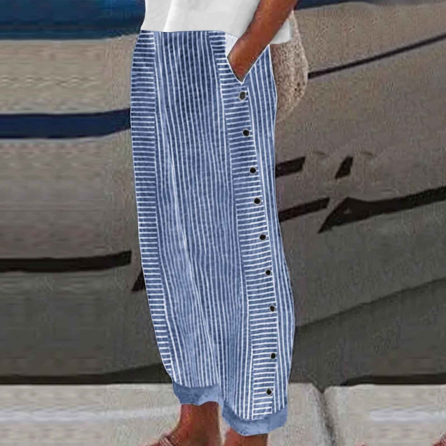 ☀️ Frühlings-Hot-Sale 50 % RABATT!! 🌿🌸 Bequeme blau gestreifte Hose mit Seitentaschen