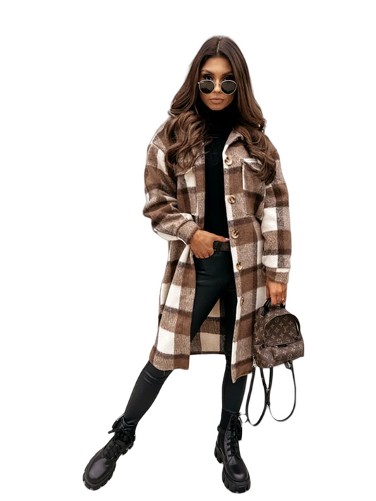 Damen karierte Longjacke in Wolloptik mit Knöpfen für Herbst & Winter