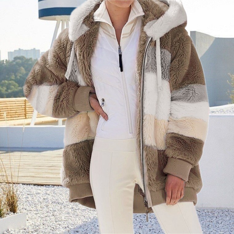 Damen Fleecejacke mit Kapuze Farbblock Optik für Herbst & Winter