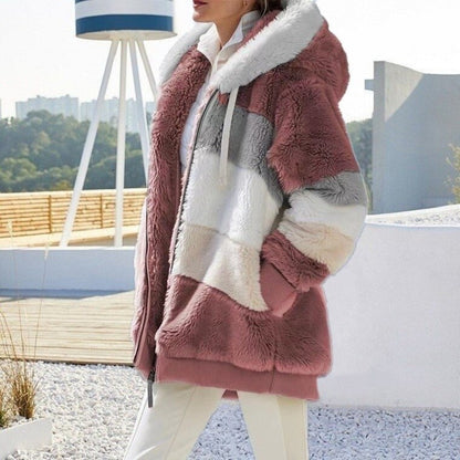 Damen Fleecejacke mit Kapuze Farbblock Optik für Herbst & Winter