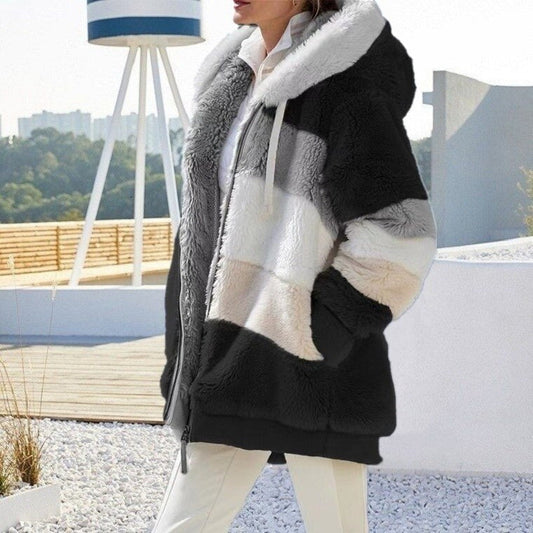 Damen Fleecejacke mit Kapuze Farbblock Optik für Herbst & Winter