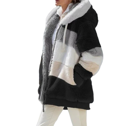 Damen Fleecejacke mit Kapuze Farbblock Optik für Herbst & Winter