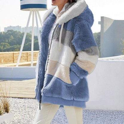 Damen Fleecejacke mit Kapuze Farbblock Optik für Herbst & Winter