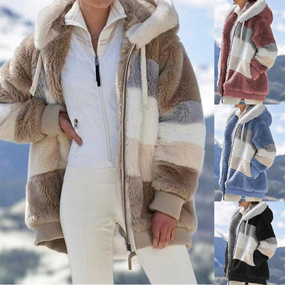 Damen Fleecejacke mit Kapuze Farbblock Optik für Herbst & Winter