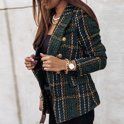 Damen Karo-Blazer im doppellagigen Design mit goldfarbenen Knöpfen