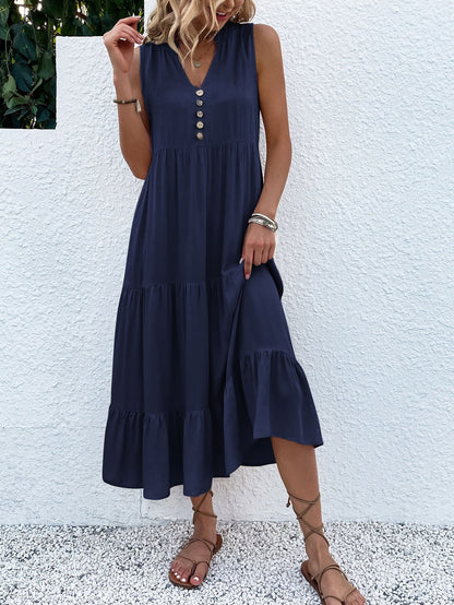Sommerkleid Damen ärmellos mit Knopfleiste und Stufenrock luftig bequem