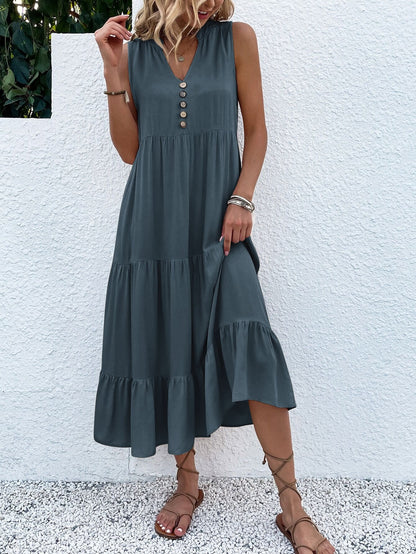 Sommerkleid Damen ärmellos mit Knopfleiste und Stufenrock luftig bequem