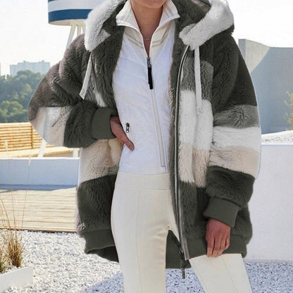 Damen Fleecejacke mit Kapuze Farbblock Optik für Herbst & Winter