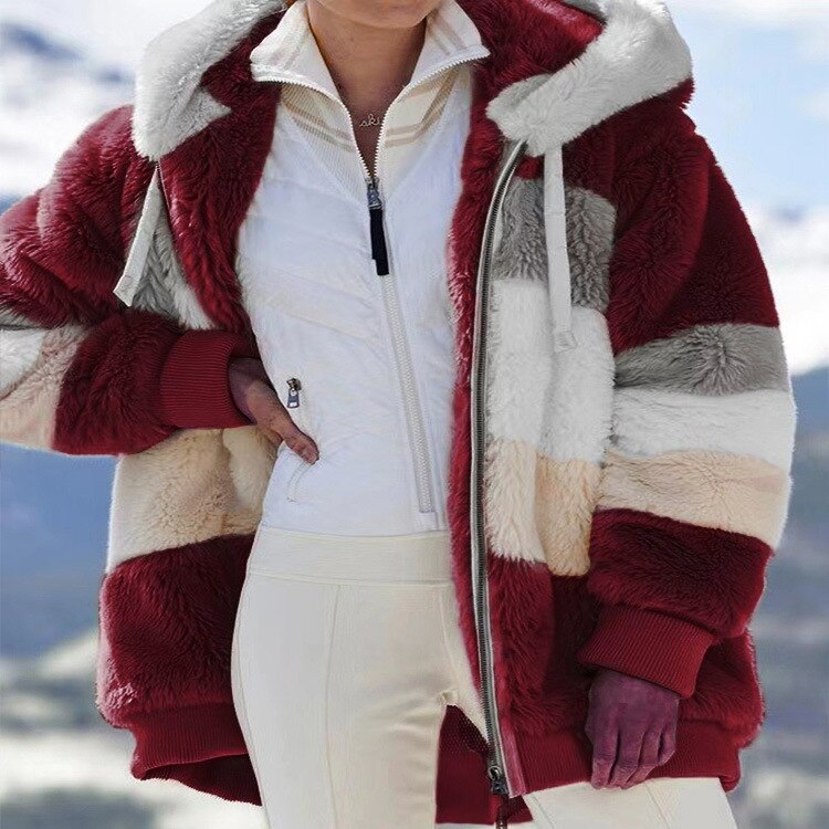 Damen Fleecejacke mit Kapuze Farbblock Optik für Herbst & Winter