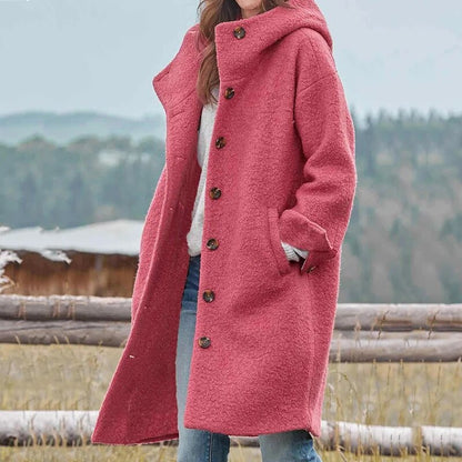 Damen Übergangsjacke lang mit Kapuze im Wollmix Look
