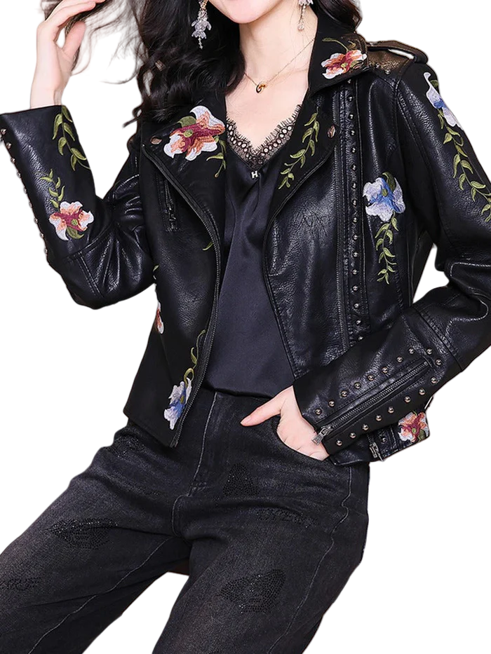 Bestickte Damen Kunstlederjacke im Bikerstil