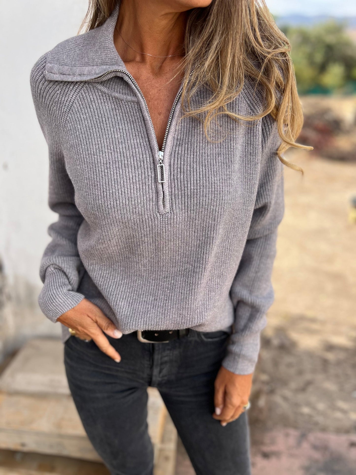 Damen Pullover halber Reißverschluss Strick