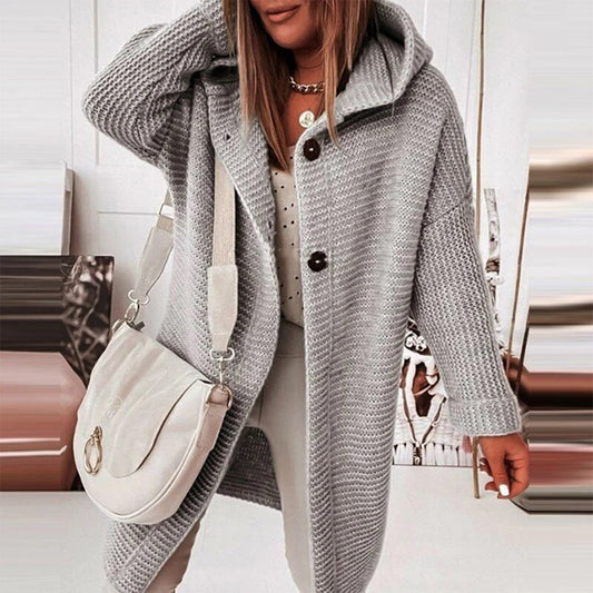Halblanger Gestrickter Damen-Cardigan mit Knopfleiste und Kapuze