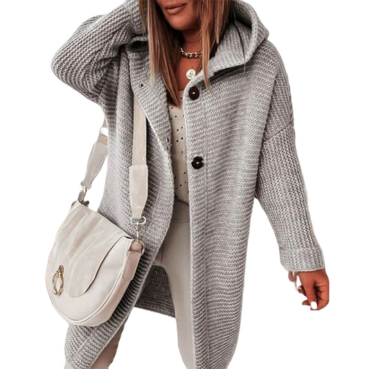 Halblanger Gestrickter Damen-Cardigan mit Knopfleiste und Kapuze