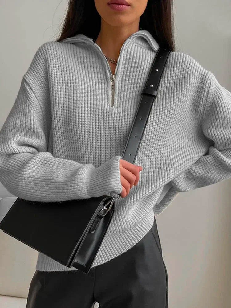 Damen Pullover halber Reißverschluss Strick