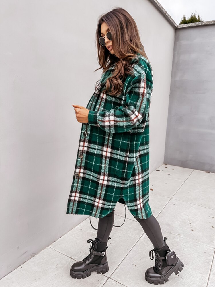 Damen karierte Longjacke in Wolloptik mit Knöpfen für Herbst & Winter