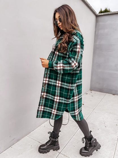 Damen karierte Longjacke in Wolloptik mit Knöpfen für Herbst & Winter