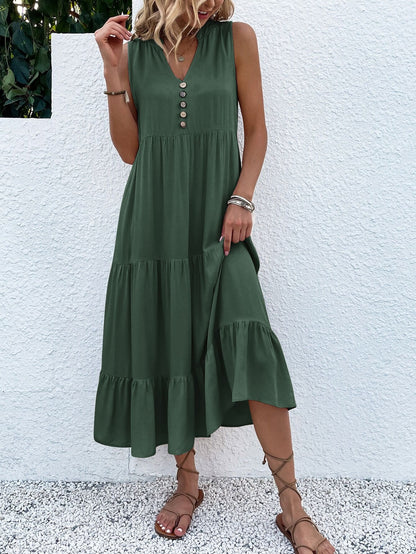 Sommerkleid Damen ärmellos mit Knopfleiste und Stufenrock luftig bequem