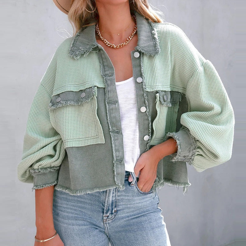 Damen Kurzjacke mit Puffärmeln modisch für Herbst und Frühling