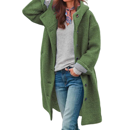 Damen Übergangsjacke lang mit Kapuze im Wollmix Look