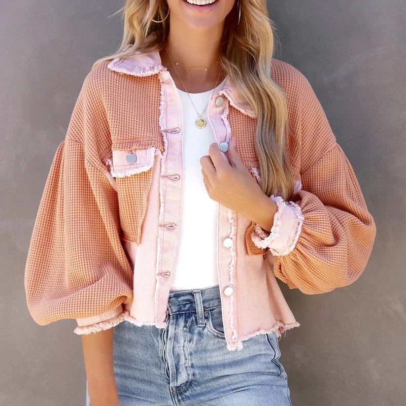 Damen Kurzjacke mit Puffärmeln modisch für Herbst und Frühling