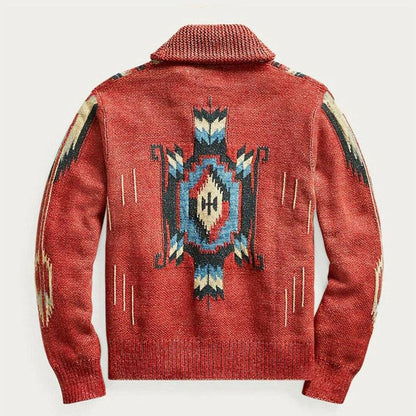 Herren Vintage Jacquard Strick-Cardigan mit Reverskragen und langen Ärmeln