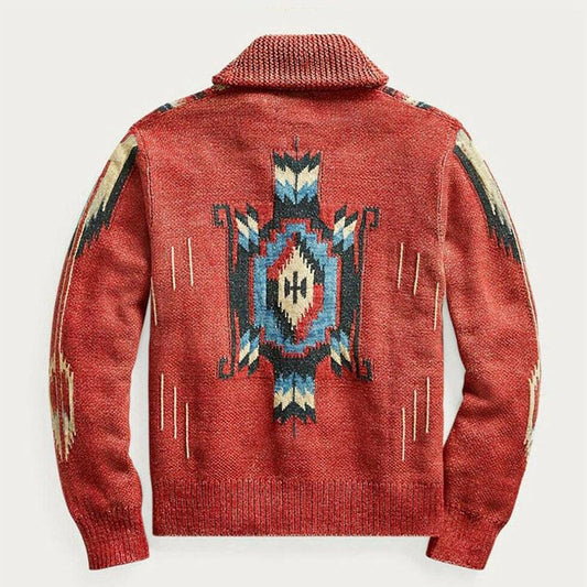 Herren Vintage Jacquard Strick-Cardigan mit Reverskragen und langen Ärmeln