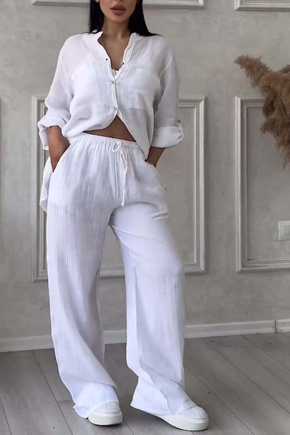 Zweiteiler Damen Leinen Set mit Bluse und Hose