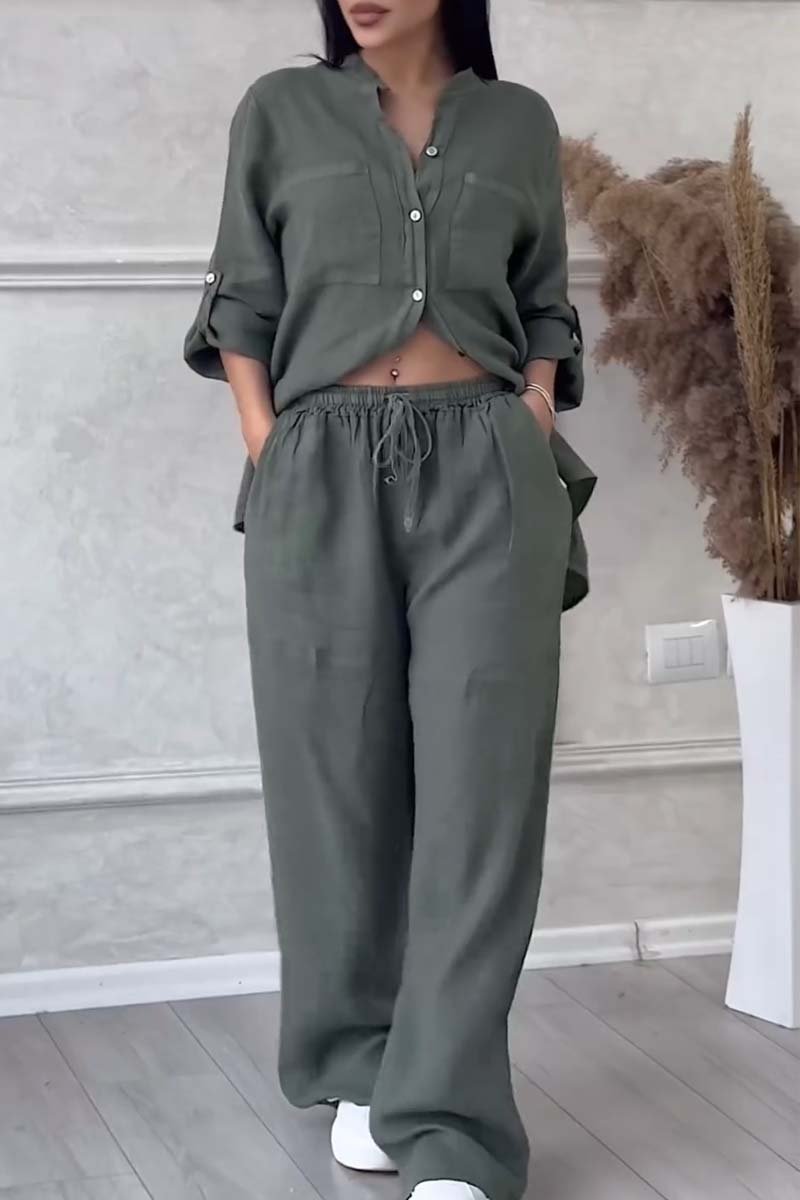 Zweiteiler Damen Leinen Set mit Bluse und Hose