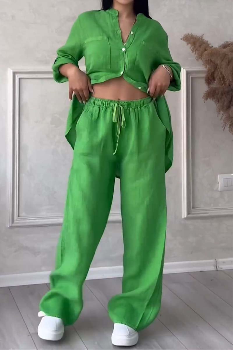 Zweiteiler Damen Leinen Set mit Bluse und Hose
