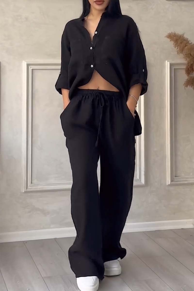 Zweiteiler Damen Leinen Set mit Bluse und Hose
