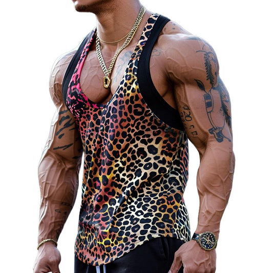 Herren Tanktop mit Leopardenmuster und U-Ausschnitt aus Baumwollmischung