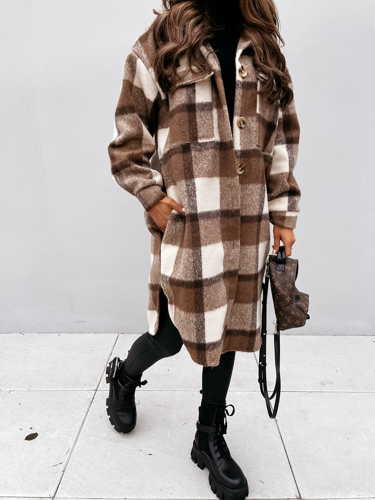 Damen karierte Longjacke in Wolloptik mit Knöpfen für Herbst & Winter
