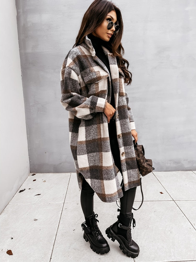 Damen karierte Longjacke in Wolloptik mit Knöpfen für Herbst & Winter