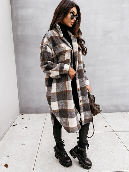 Damen karierte Longjacke in Wolloptik mit Knöpfen für Herbst & Winter
