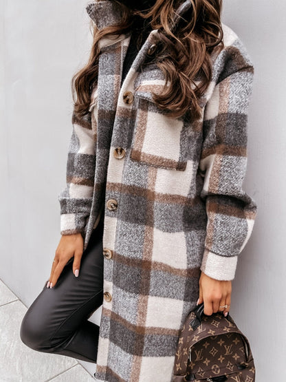 Damen karierte Longjacke in Wolloptik mit Knöpfen für Herbst & Winter