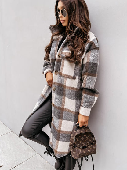 Damen karierte Longjacke in Wolloptik mit Knöpfen für Herbst & Winter