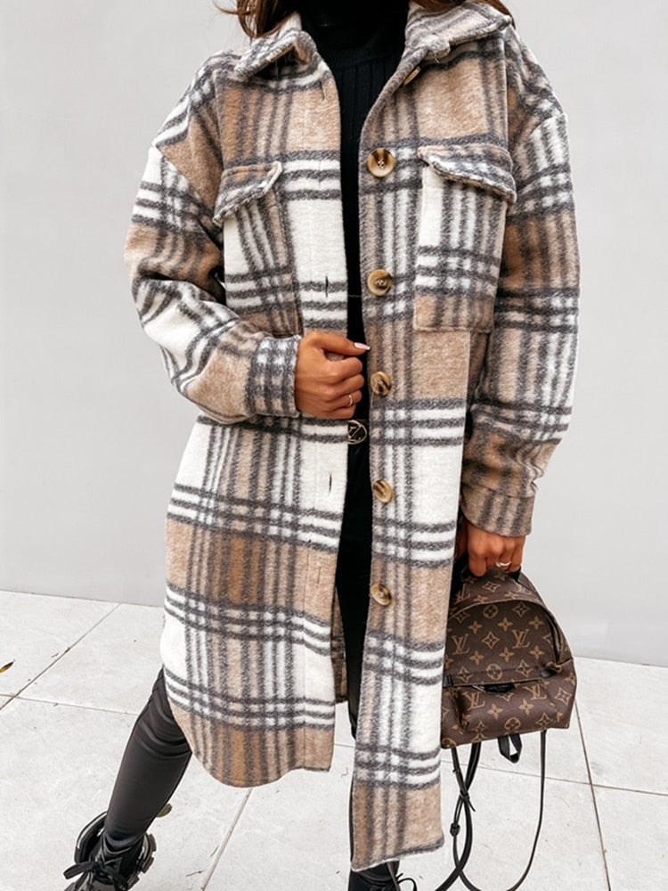 Damen karierte Longjacke in Wolloptik mit Knöpfen für Herbst & Winter
