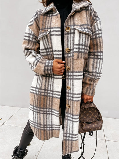 Damen karierte Longjacke in Wolloptik mit Knöpfen für Herbst & Winter