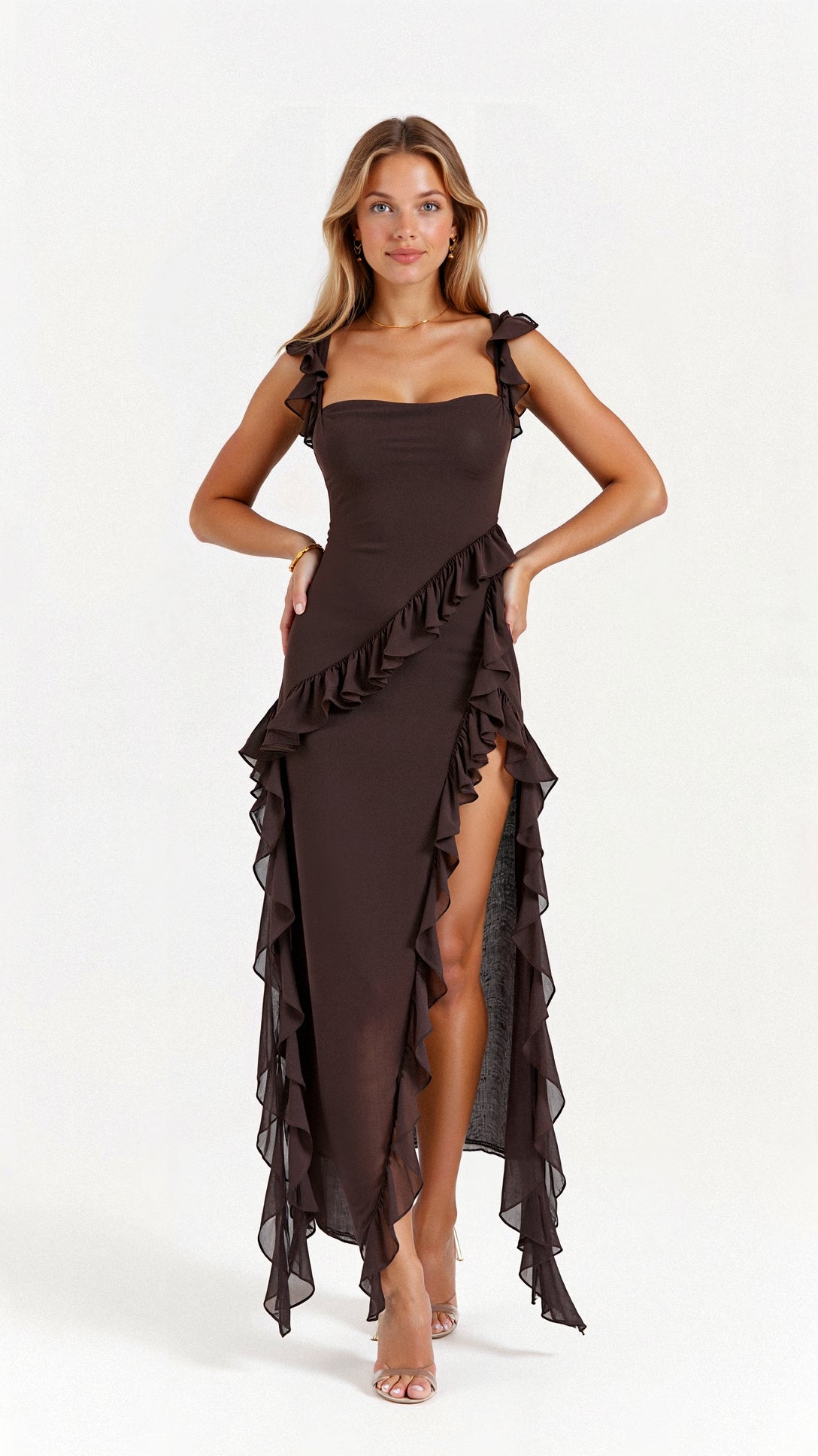 Elegantes Rüschen-Maxikleid mit Schlitz
