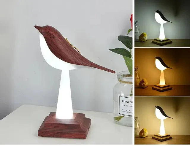 Kabellose LED-Tischlampe in Vogeloptik aus Holz mit warmem Licht