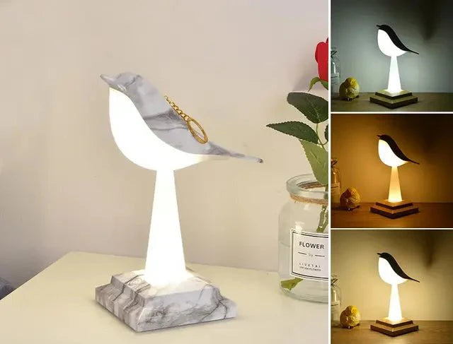 Kabellose LED-Tischlampe in Vogeloptik aus Holz mit warmem Licht