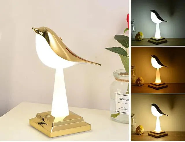 Kabellose LED-Tischlampe in Vogeloptik aus Holz mit warmem Licht