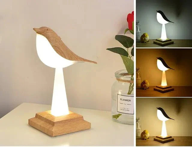 Kabellose LED-Tischlampe in Vogeloptik aus Holz mit warmem Licht