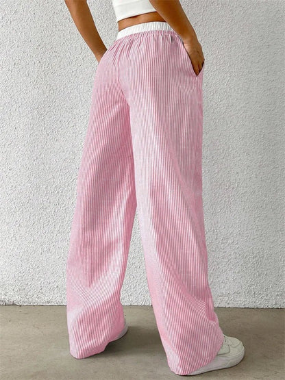 Damen Gestreifte Freizeithose mit Kordelzug und weitem Bein