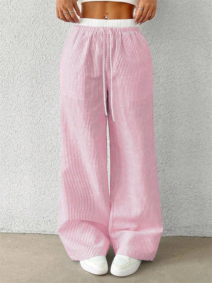 Damen Gestreifte Freizeithose mit Kordelzug und weitem Bein