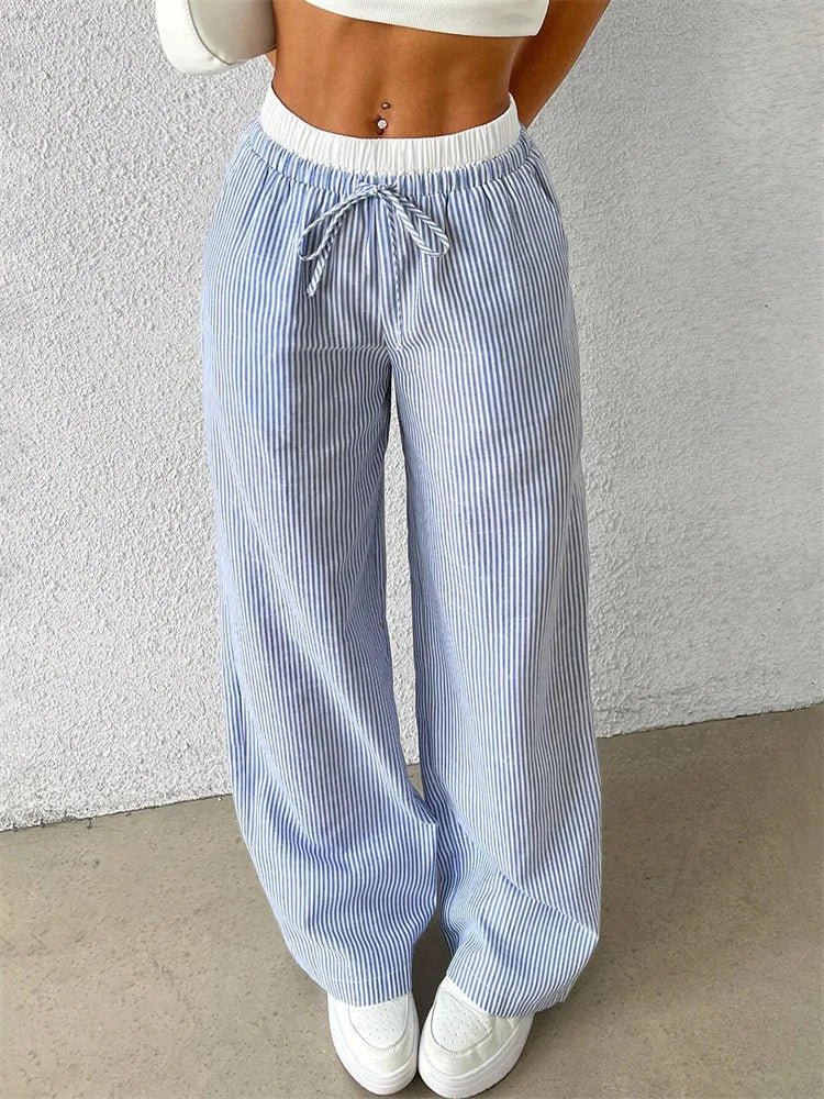 Damen Gestreifte Freizeithose mit Kordelzug und weitem Bein